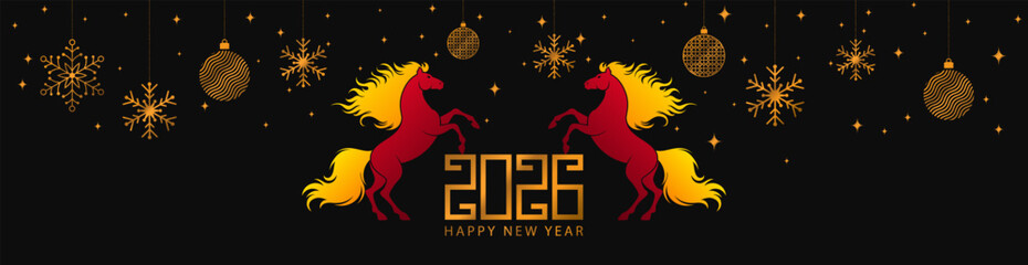 2026 Year of the Horse New Year Banner with Red Horses and Golden Ornaments