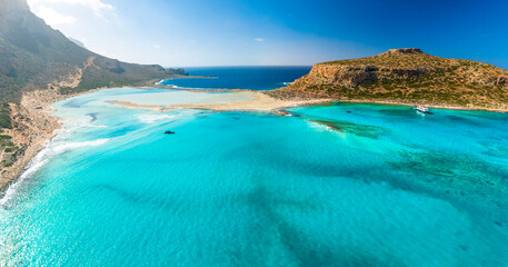 Amazing drone view of Balos Lagoon and white sandy beach, Crete, Greece