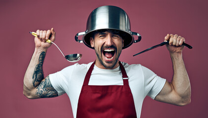 Cheerful chef in a kitchen holding a ladle and a knife while wearing a pot on his head