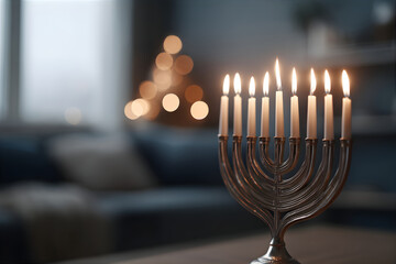 Menorah with lit candles for Hanukkah celebration. Jewish holiday background with traditional candelabrum, festive light and bokeh.