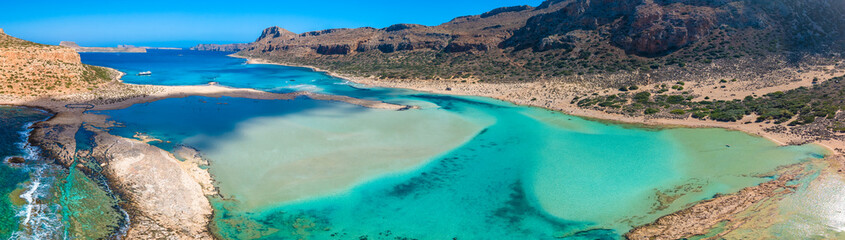 Amazing drone view of Balos Lagoon and white sandy beach, Crete, Greece