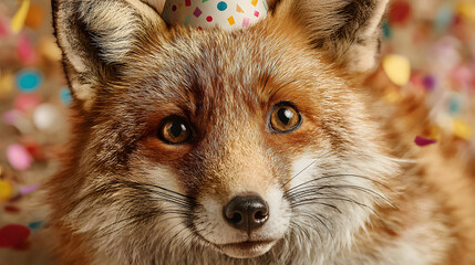 Cute fox wearing a party hat celebrating with colorful confetti