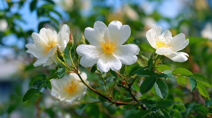 Fototapeta premium White wild rose flowers blooming on a bush in a sunny garden