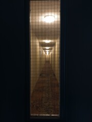 Dimly Lit Hallway Through Wire-Mesh Window