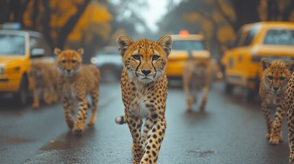 A cheetah confidently leads a group of leopards navigating a bustling city street. The scene evokes a sense of adventure and the surprising coexistence of predators in an urban environment.