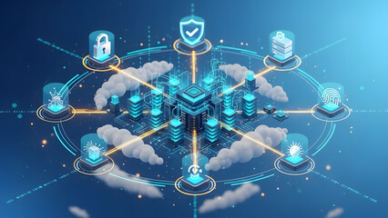 Data Ecosystems Visualization: A sophisticated illustration depicting a interconnected data ecosystem, highlighting digital security and data management within a cloud-based network.