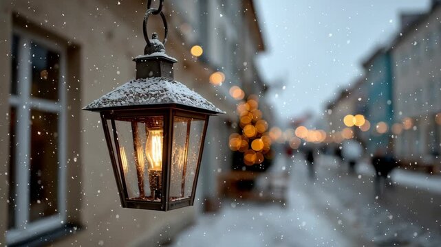 Snowy street scene featuring a vintage lantern glowing warmly, with falling snowflakes and blurred festive lights in the background, showcasing the enchanting winter atmosphere, camera zooms in