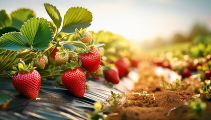 ripe red strawberries growing in a sunlit field