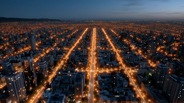 Aerial view of a vibrant cityscape at dusk, showcasing illuminated streets and buildings, with a gradual zoom out revealing the expansive urban layout and atmosphere of the bustling metropolis