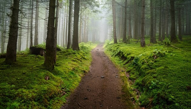 misty forest path green moss nature walk tranquil scene travel photography - Powered by Adobe