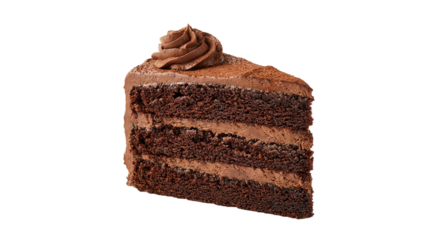 Rich chocolate cake slice with frosting swirl and cocoa powder isolated on transparent background, layered dessert, studio shot, delicious treat, cutout PNG.