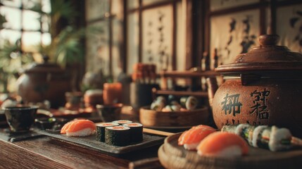 Intimate Japanese Cuisine Presentation with Sushi Rolls and Ceramic Teapot
