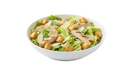 Classic Chicken Caesar Salad isolated on transparent background, with grilled chicken, fresh romaine lettuce, parmesan cheese, and golden croutons, healthy studio shot.