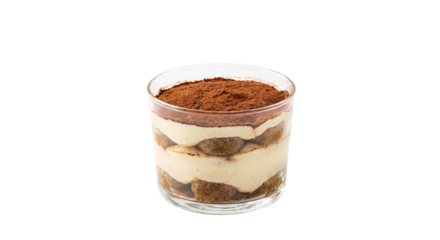 Classic Italian tiramisu dessert in a glass isolated on transparent background, rich creamy layers and cocoa powder, sweet studio shot, cutout object.