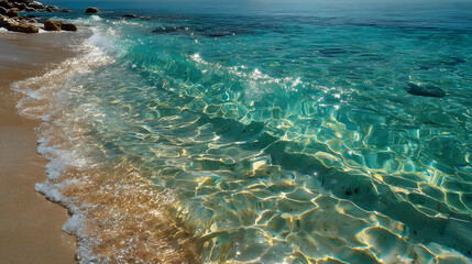 Clear turquoise water with gentle ripples on sandy bottom at midday