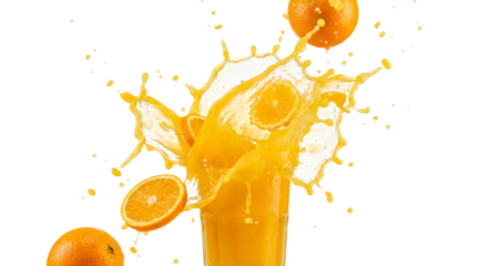 Dynamic orange juice splash with fresh oranges and slices isolated on transparent background, vibrant citrus fruit beverage, high-speed photography, studio shot, PNG.