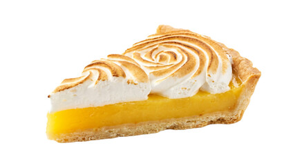 Lemon meringue pie slice isolated on transparent background, studio shot, golden toasted meringue, sweet dessert, flaky crust, cut out PNG.