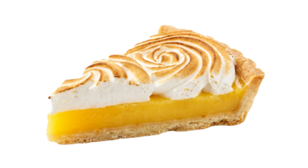 Lemon meringue pie slice isolated on transparent background, studio shot, golden toasted meringue, sweet dessert, flaky crust, cut out PNG.