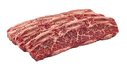Raw seasoned beef short ribs isolated on transparent background, fresh uncooked meat cuts, studio shot, ready for grilling or slow cooking, transparent PNG.