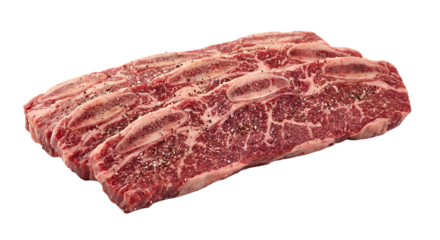 Raw seasoned beef short ribs isolated on transparent background, fresh uncooked meat cuts, studio shot, ready for grilling or slow cooking, transparent PNG.