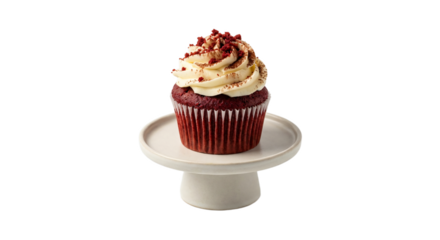 Gourmet red velvet cupcake on ceramic cake stand isolated on transparent background, studio shot, clean minimalist dessert photography with cream cheese frosting.