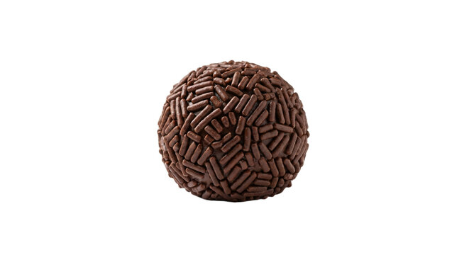 Brazilian Brigadeiro chocolate truffle covered in sprinkles isolated on transparent background, studio shot, delicious sweet dessert, confectionery treat.