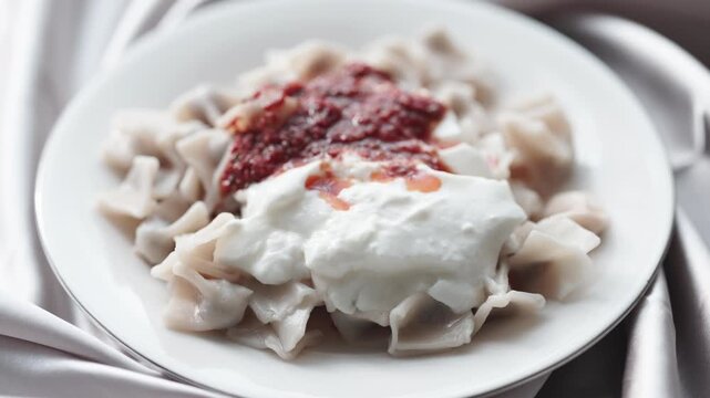 Close-Up of Turkish Manti Dumplings on a White Plate