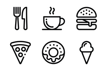 Set of six food and drink icons fork, knife, coffee, burger, pizza, donut, ice cream isolated on white
