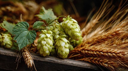 Fresh green hop cones and ripe barley ears on rustic wood with blurred natural background.