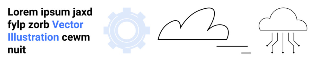 Cloud computing, data synchronization, innovation, digital technology, user interface, technical services. Abstract composition with cloud outlines and gear graphic. Cloud computing and data