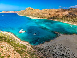 Amazing drone view of Balos Lagoon and white sandy beach, Crete, Greece