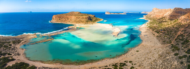Amazing drone view of Balos Lagoon and white sandy beach, Crete, Greece