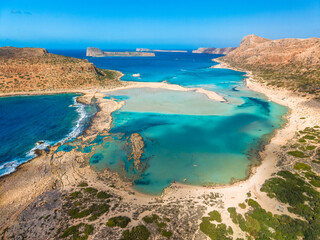 Amazing drone view of Balos Lagoon and white sandy beach, Crete, Greece