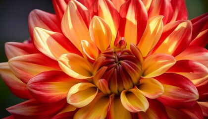 Vibrant Dahlia In Bloom Captivating Close Up Of A Stunning Dahlia Flower Its Petals A Brilliant Mix Of Fiery Red And Radiant Yellow With Intricate Details Enhanced By Delicate Backlighting