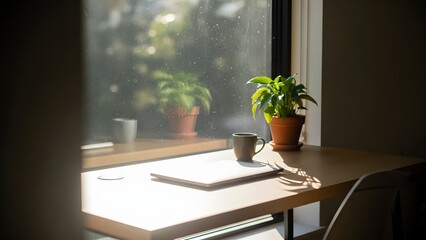 Serene Workspace with Natural Light: A sunlit workspace showcases a harmonious blend of nature and productivity, where a potted plant, a cup, and a notepad sit near a window.