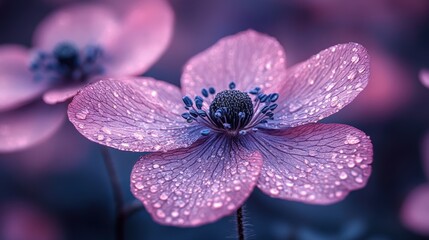 A stunning close-up captures a delicate pink flower adorned with water droplets, illuminated by a soft, radiant glow. The blurred purple background adds depth and a dreamy quality to the image.