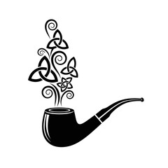 Irish pipe icon with Celtic smoke swirl elements black and white illustration for Saint Patricks Day graphics