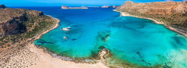 Amazing drone view of Balos Lagoon and white sandy beach, Crete, Greece