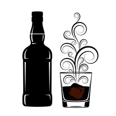 Irish whiskey bottle and glass with ice icon for St Patricks Day design