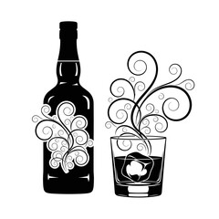 Irish whiskey bottle and glass icon with decorative swirls for St Patricks Day design