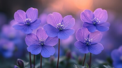 Fototapeta premium A captivating cluster of purple flowers boasting delicate petals and pristine white centers. Shot during twilight, creating a soft, blurred natural backdrop.