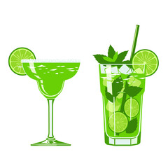 Green margarita and mojito cocktail glasses, icons for St Patricks Day design