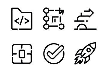 Coding folder, flowchart, process arrow, target, checkmark, and rocket icons set isolated on white background