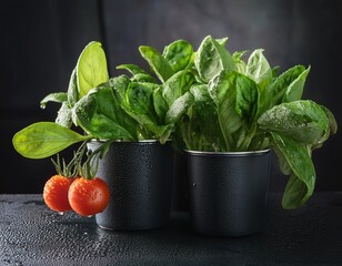 lush spinach and cherry tomatoes thrive in dark pots glistening with water droplets