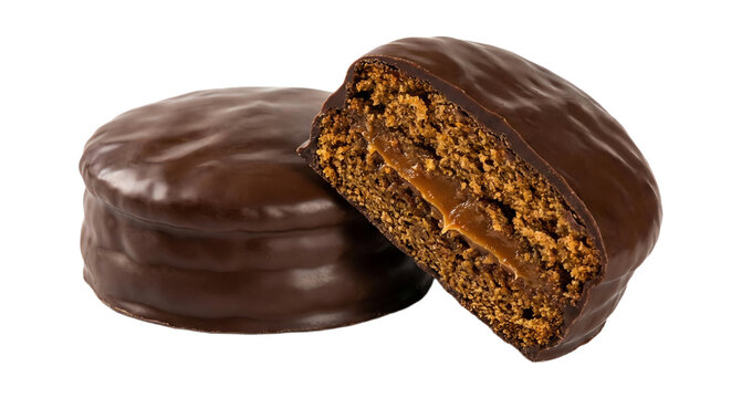 Delicious chocolate-covered alfajor cookies, one cut open revealing dulce de leche caramel filling, isolated on transparent background, studio shot.
