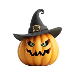 3D Scary and Spooky Pumpkin with Witch Cap on Transparent Background