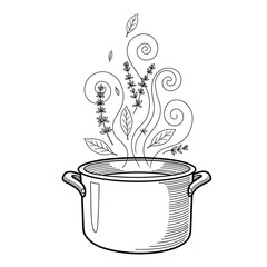 Irish stew cooking pot icon with herbs rising in steam for traditional cuisine illustrations