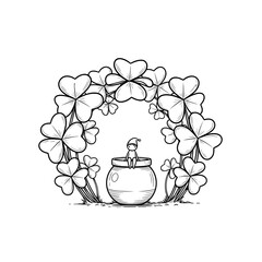 Leprechaun and pot of gold under arch of large clovers monochrome illustration