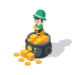 Cute leprechaun sitting on pot filled with gold blocks and coins
