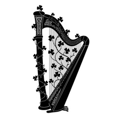 Celtic harp with shamrock decorations silhouette illustration icon